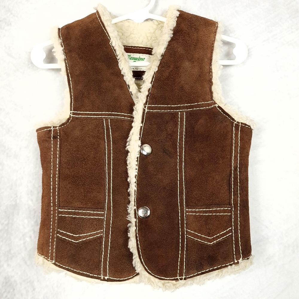 Vintage 70s Leather Vest Kids 2T Brown Suede Sherpa Lined Boho Western Festival